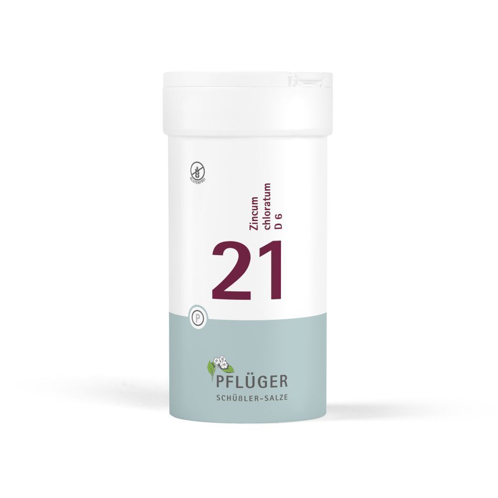 Weiße Tabletten in einer weißen Dose. Aufschrift: 21, Zincum chloratum D6, Pflüger. Glutenfrei-Siegel.