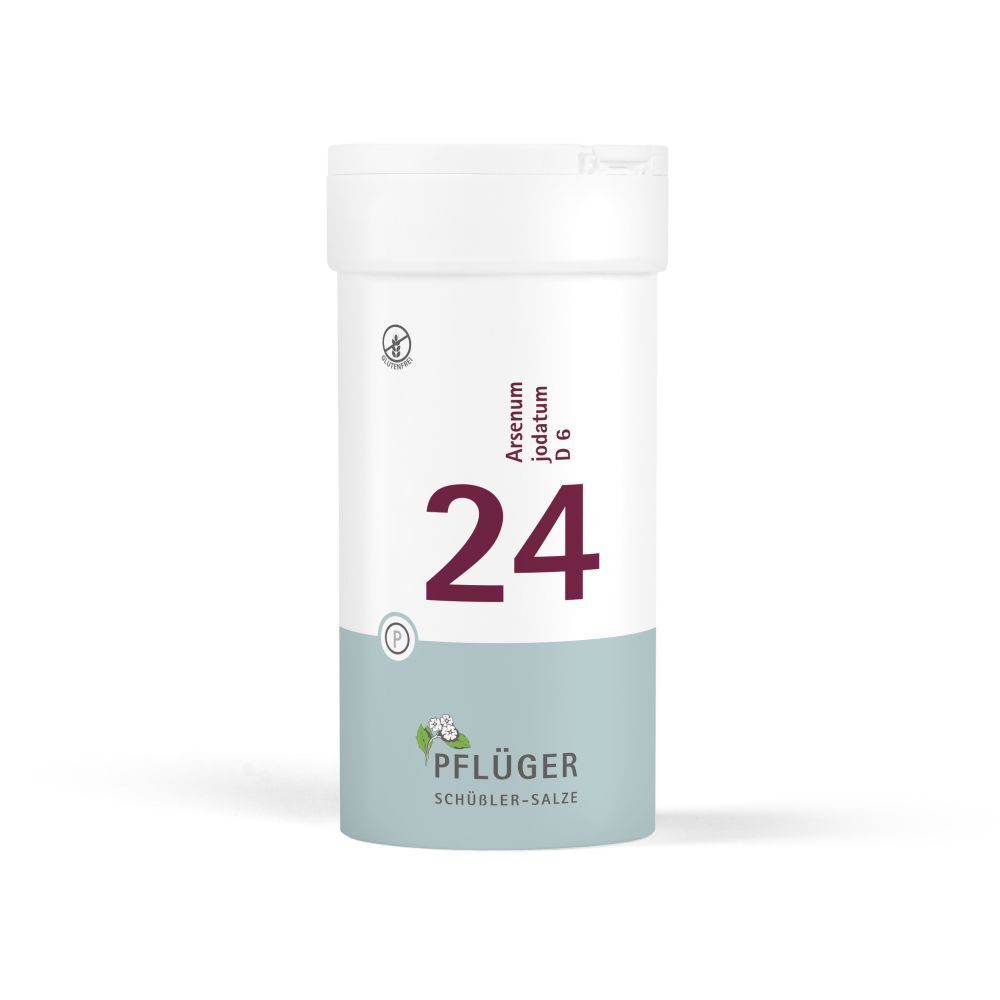 Weiße Tabletten in einer weißen Dose. Aufschrift: 24, Arsenum jodatum D6, Pflüger. Glutenfrei-Siegel.