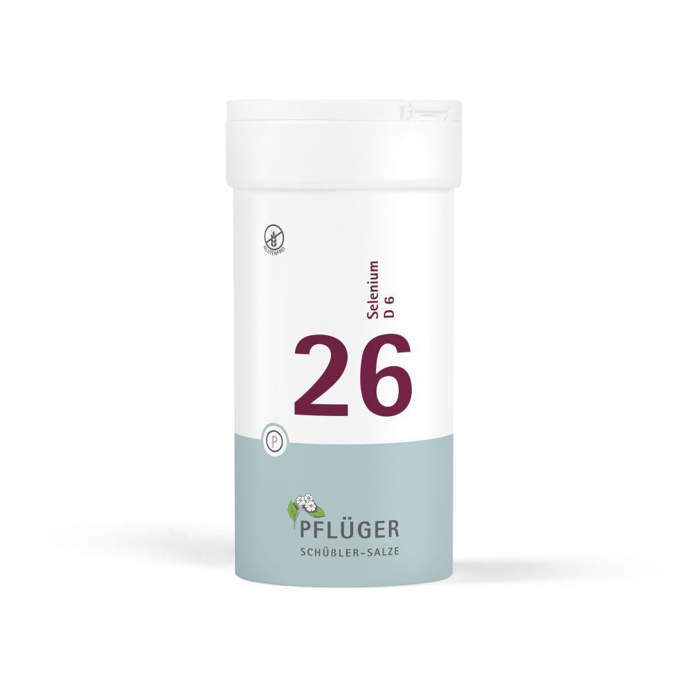 Weiße Tabletten in einer weißen Dose. Aufschrift: 26, Selenium D6, PFLÜGER. Glutenfrei.