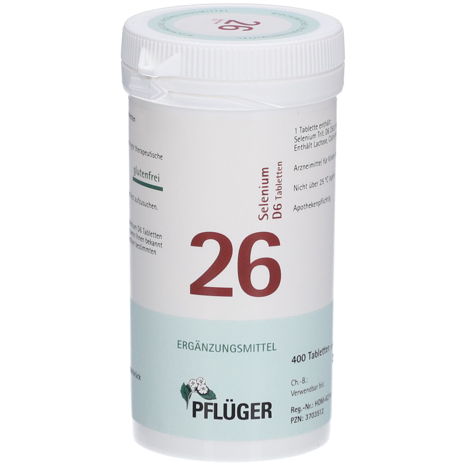 Weiße Tabletten-Dose mit roter '26' und 'Selenium D6 Tabletten'. 'Ergänzungsmittel' und 'Pflüger' Logo sichtbar.