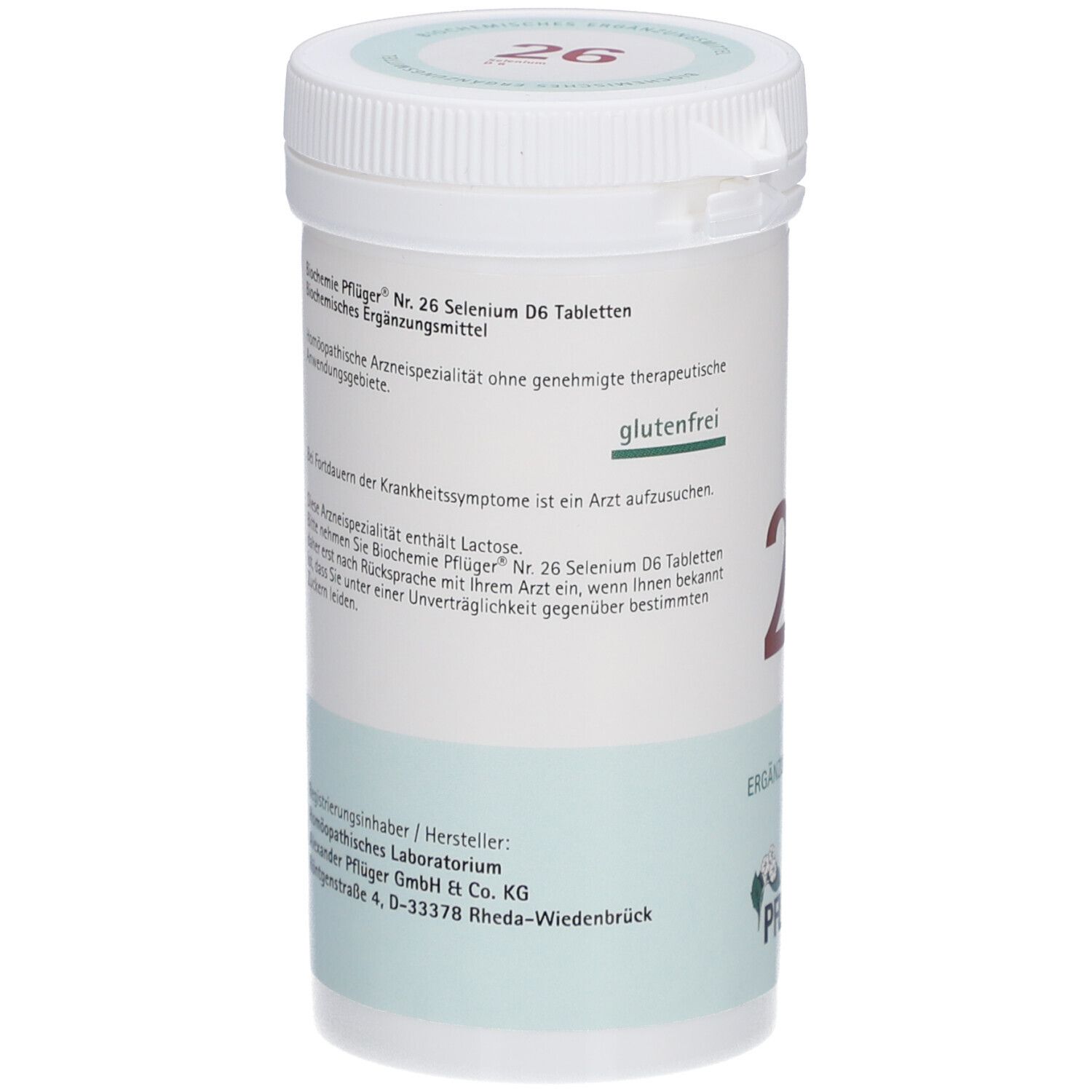 Weiße Tabletten-Dose. Text: 'Nr. 26 Selenium D6 Tabletten', 'glutenfrei'. Hersteller- und Kontaktinformationen.