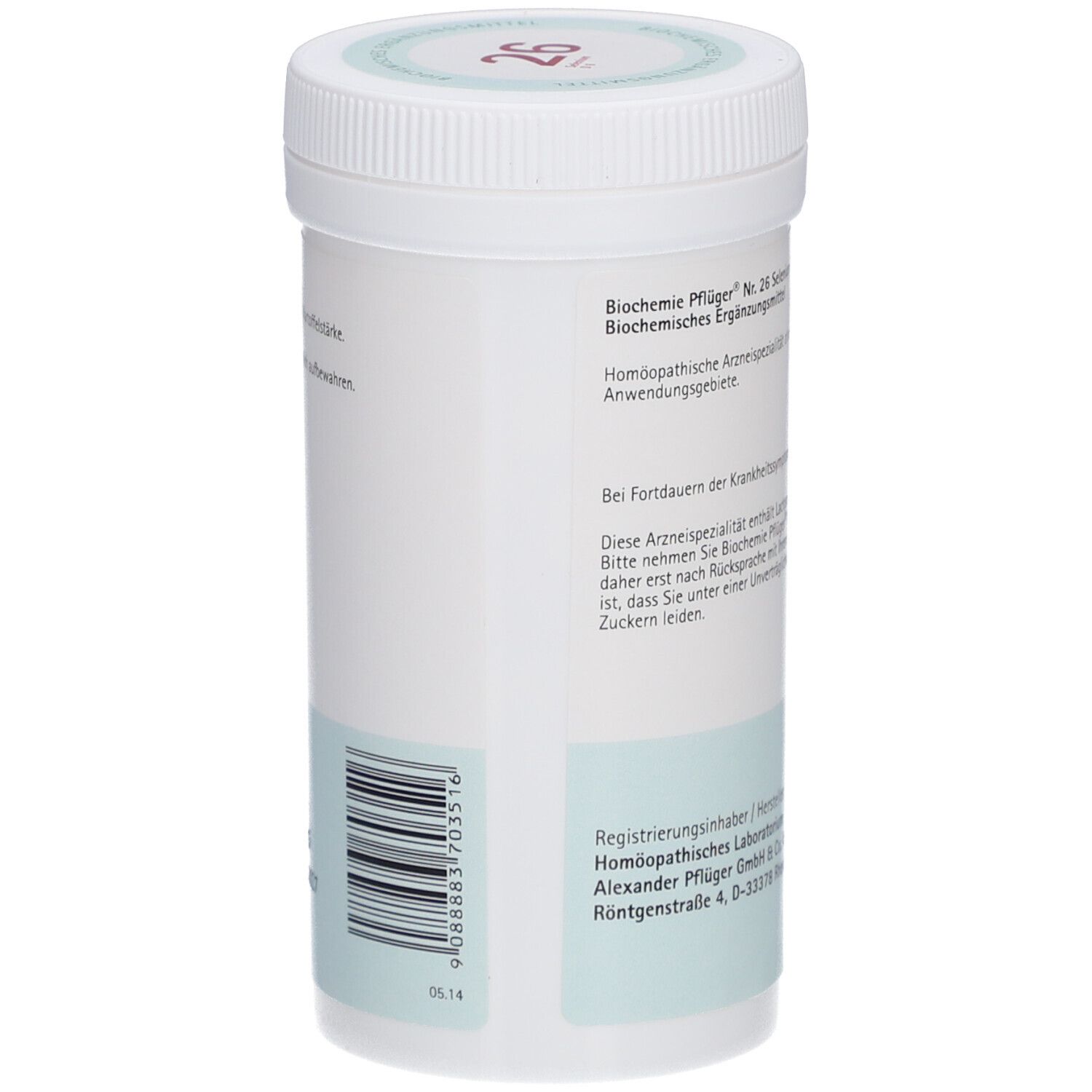 Weiße Tabletten-Dose. Barcode und Text: 'Biochemie Pflüger Nr. 26 Selenium D6'. Hersteller- und Kontaktinformationen.