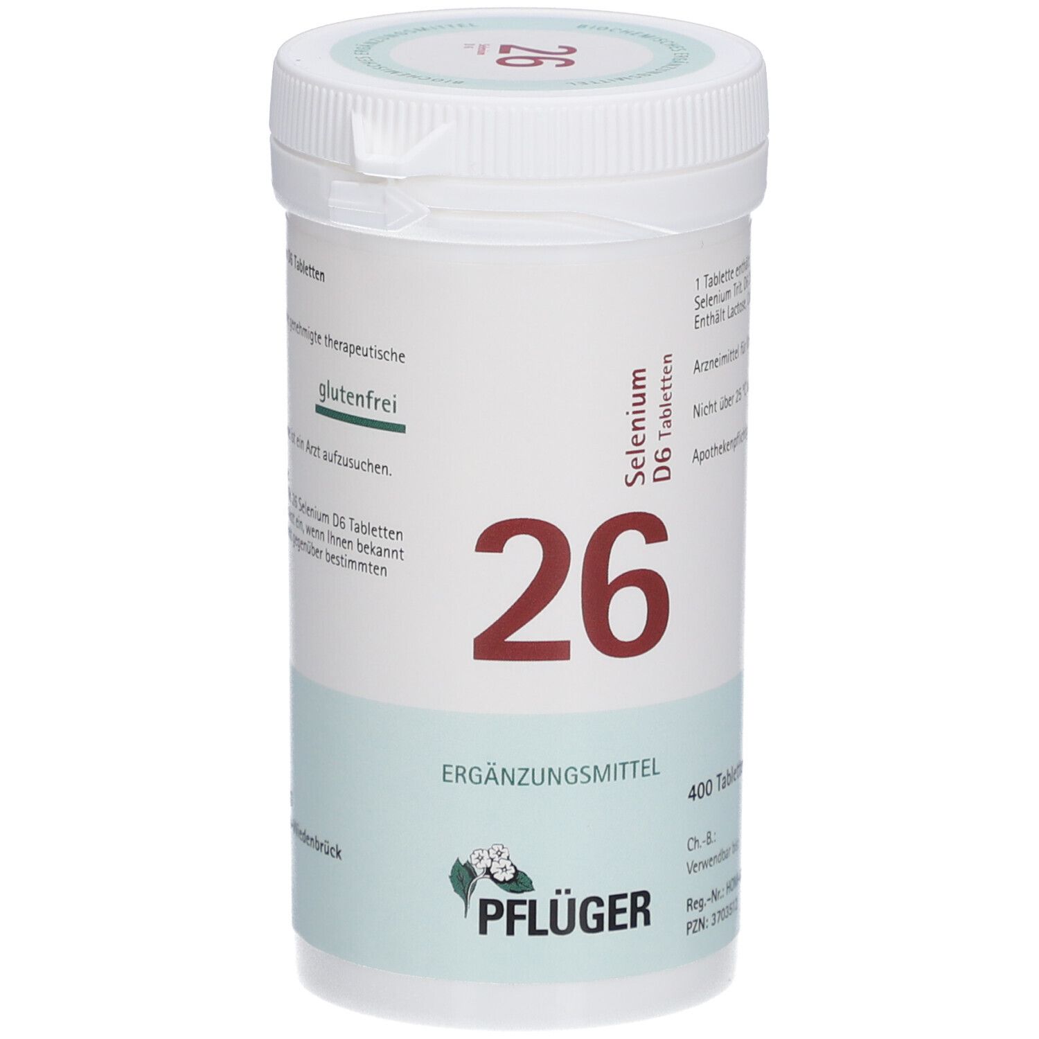Weiße Tabletten-Dose mit roter '26' und 'Selenium D6 Tabletten'. 'Ergänzungsmittel' und 'Pflüger' Logo sichtbar.