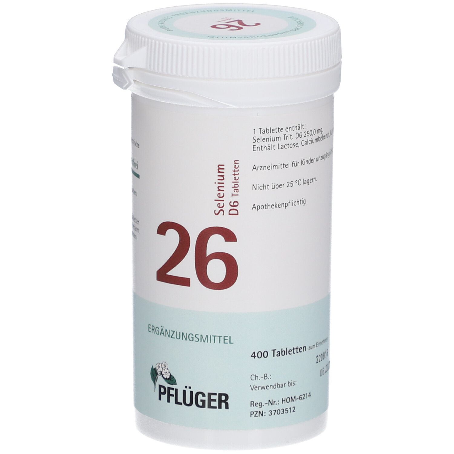 Weiße Tabletten-Dose mit roter '26' und 'Selenium D6 Tabletten'. 'Ergänzungsmittel' und 'Pflüger' Logo sichtbar. 400 Tabletten.