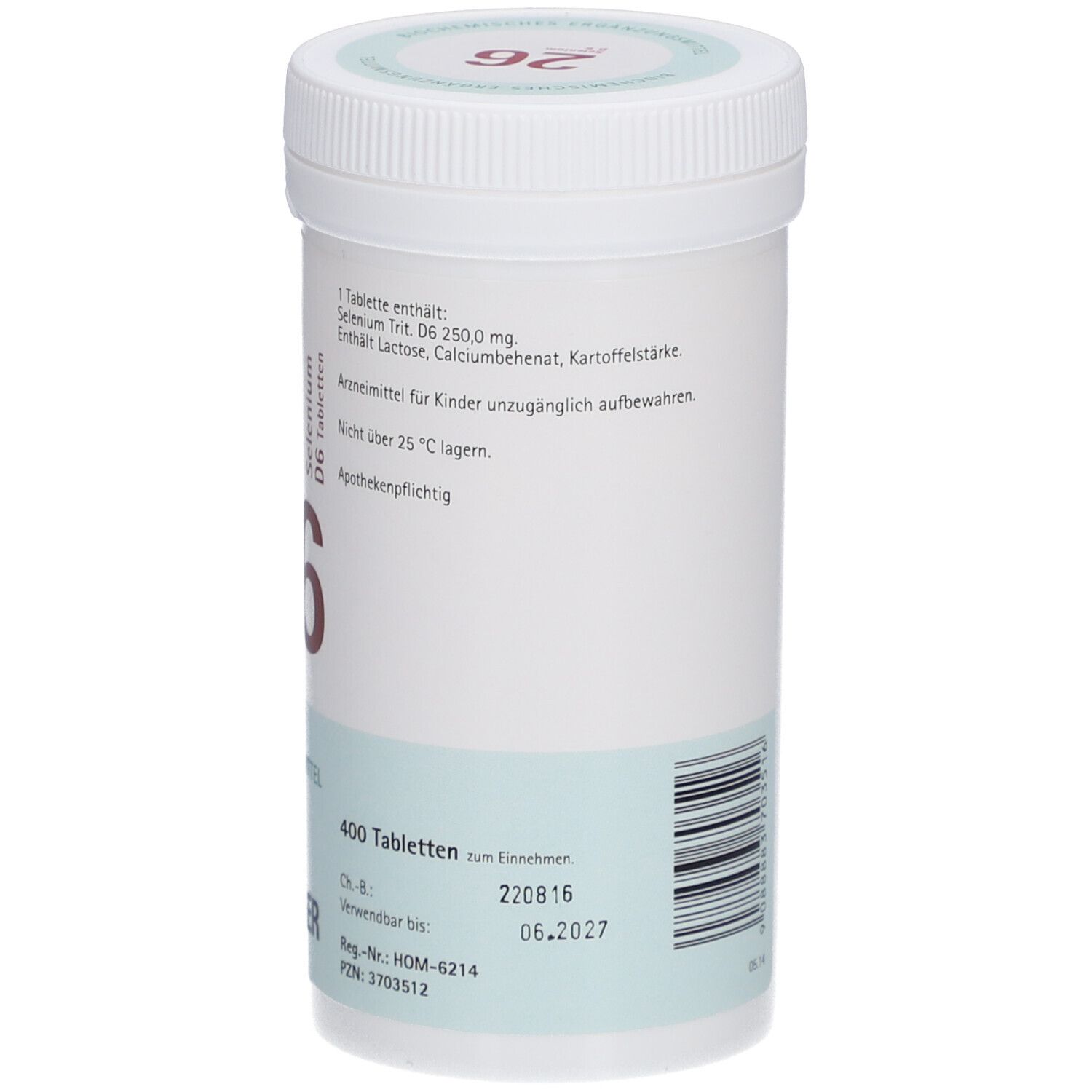 Weiße Tabletten-Dose. Text: 'Selenium D6 Tabletten', '400 Tabletten'. Verfallsdatum und Barcode sichtbar.