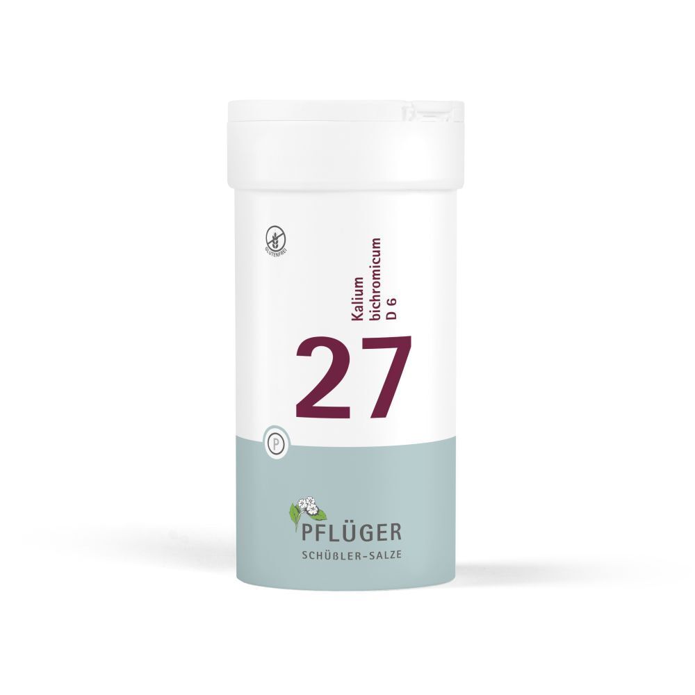 Weiße Tabletten in einer weißen Dose. Aufschrift: 27, Kalium bichromicum D6, Pflüger Schüßler-Salze.