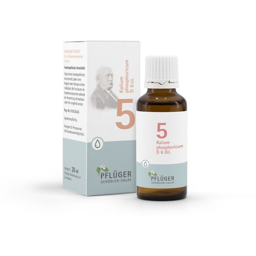 Braune Glasflasche mit weißem Deckel und Karton. Aufschrift: 5 Kalium phosphoricum D6 Tropfen. Marke: Pflüger.