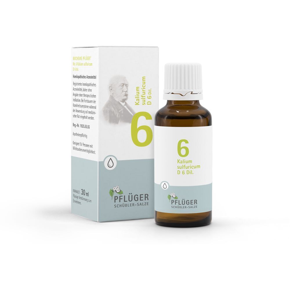 Schüßler-Salze 6 Kalium sulfuricum D6 Tropfen. Flasche und Verpackung. Pflüger-Logo.