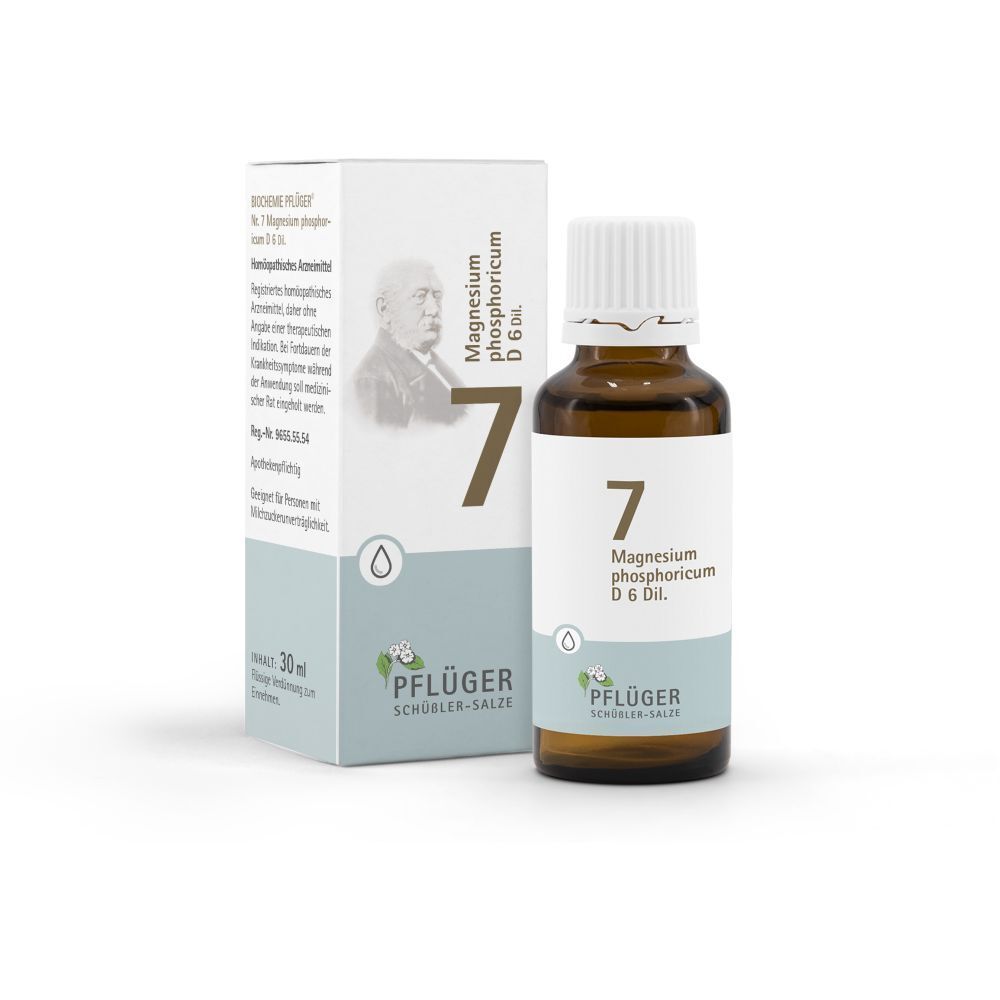 Braune Tropfenflasche und Schachtel. Aufschrift: Pflüger Schüßler-Salz Nr. 7 Magnesium phosphoricum D6 Tropfen.