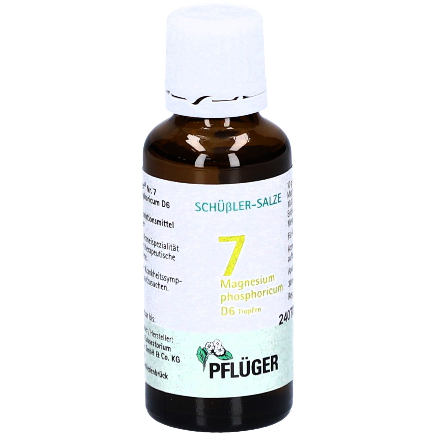 Braune Glasflasche mit weißem Deckel. Etikett mit Produktinformationen. Pflüger-Logo.