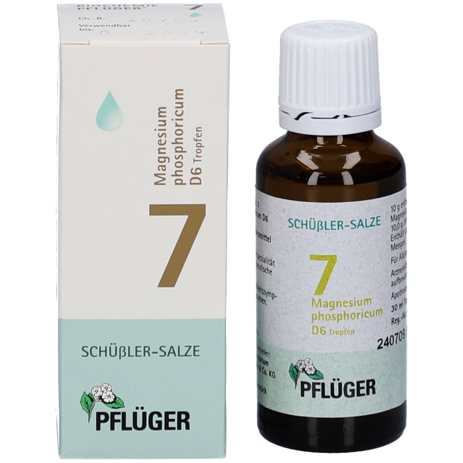 Braune Glasflasche und Schachtel. Schachtel mit Produktinformationen. Pflüger-Logo.