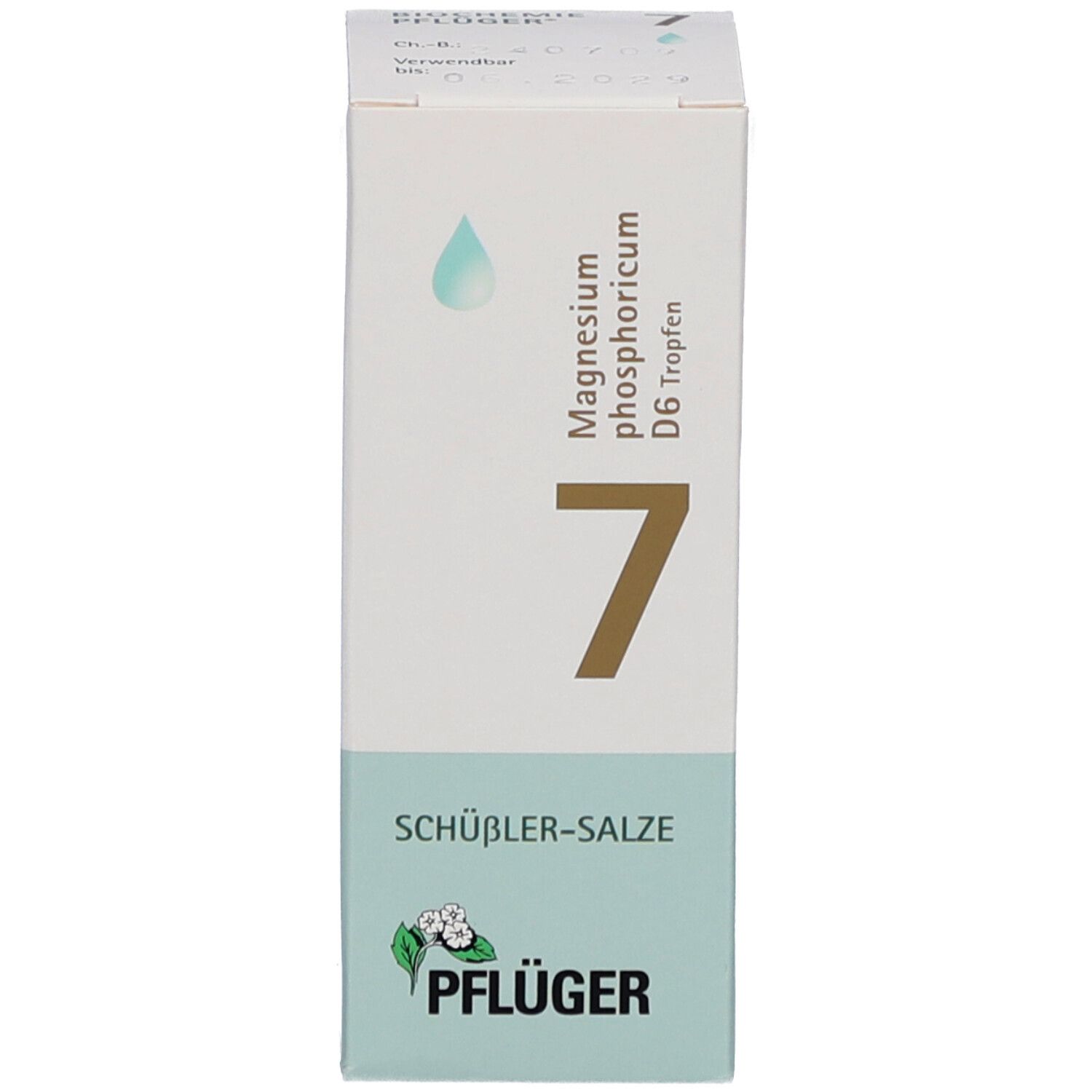 Schachtel mit Produktinformationen. Pflüger-Logo. Tropfen-Symbol.