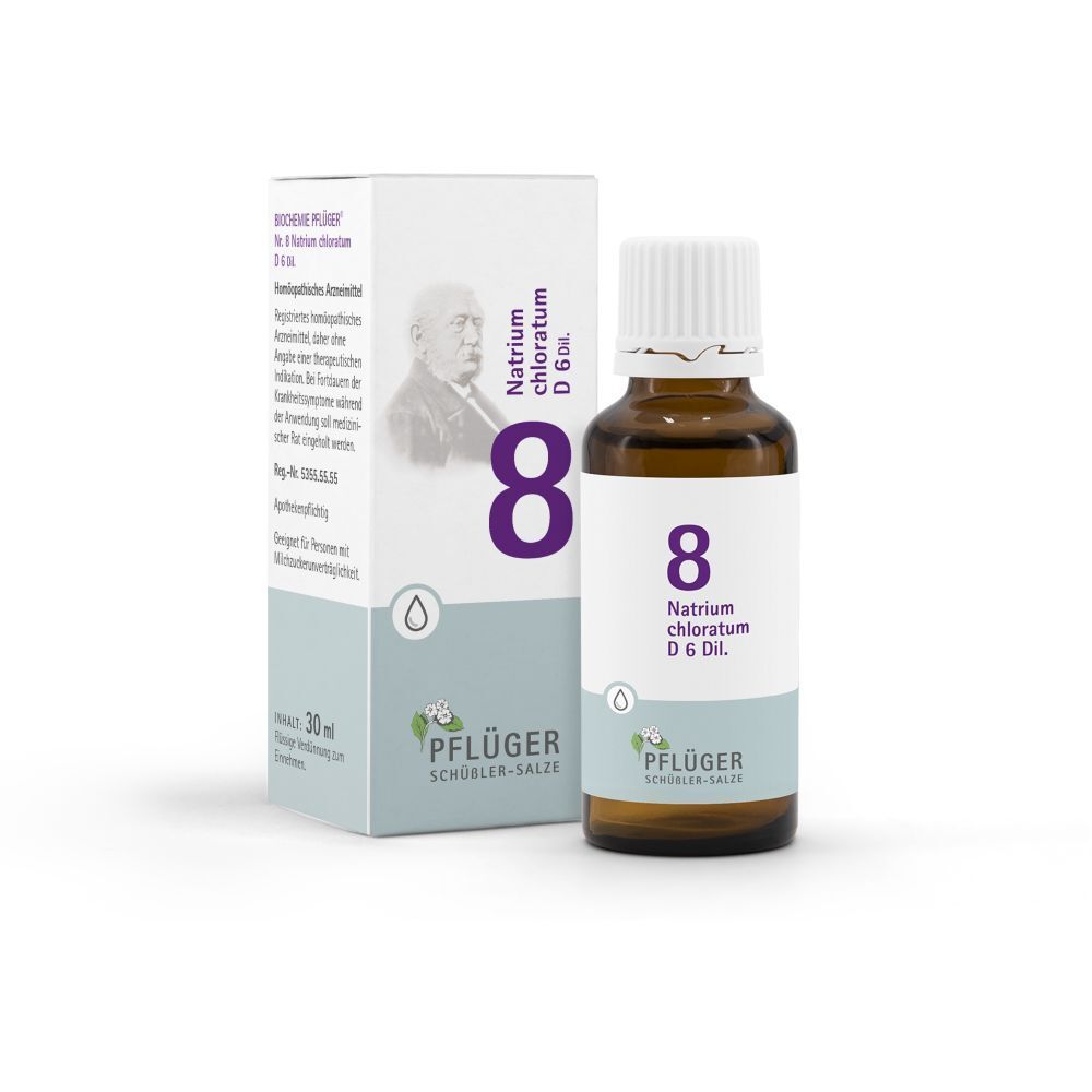 Braune Glasflasche und Schachtel. Aufschrift: Natrium chloratum D6. Marke: Pflüger. Produkt: Schüßler-Salz Nr. 8.