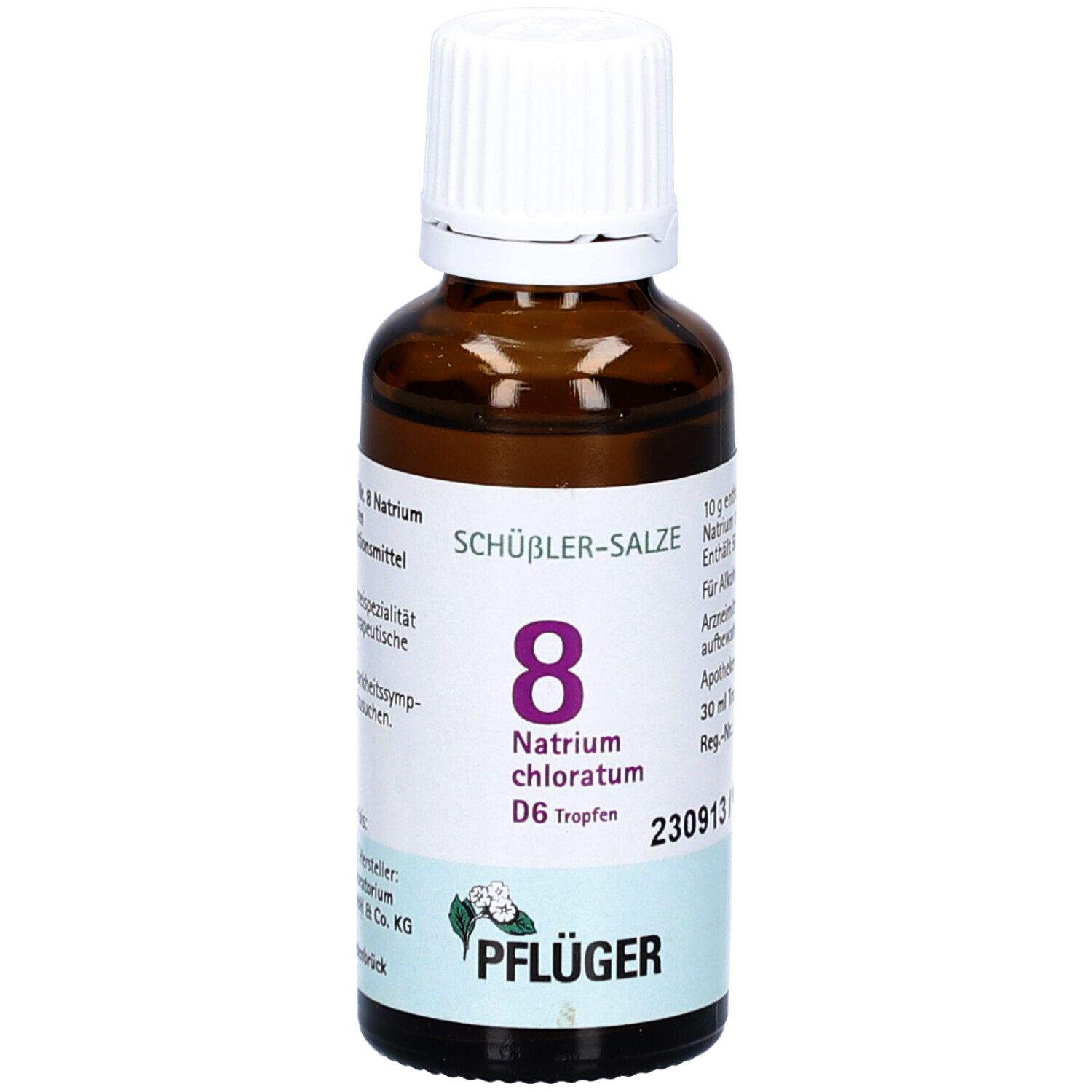 Braune Glasflasche mit weißem Deckel. Etikett mit Produktinformationen: 8 Natrium chloratum D6 Tropfen, Pflüger.