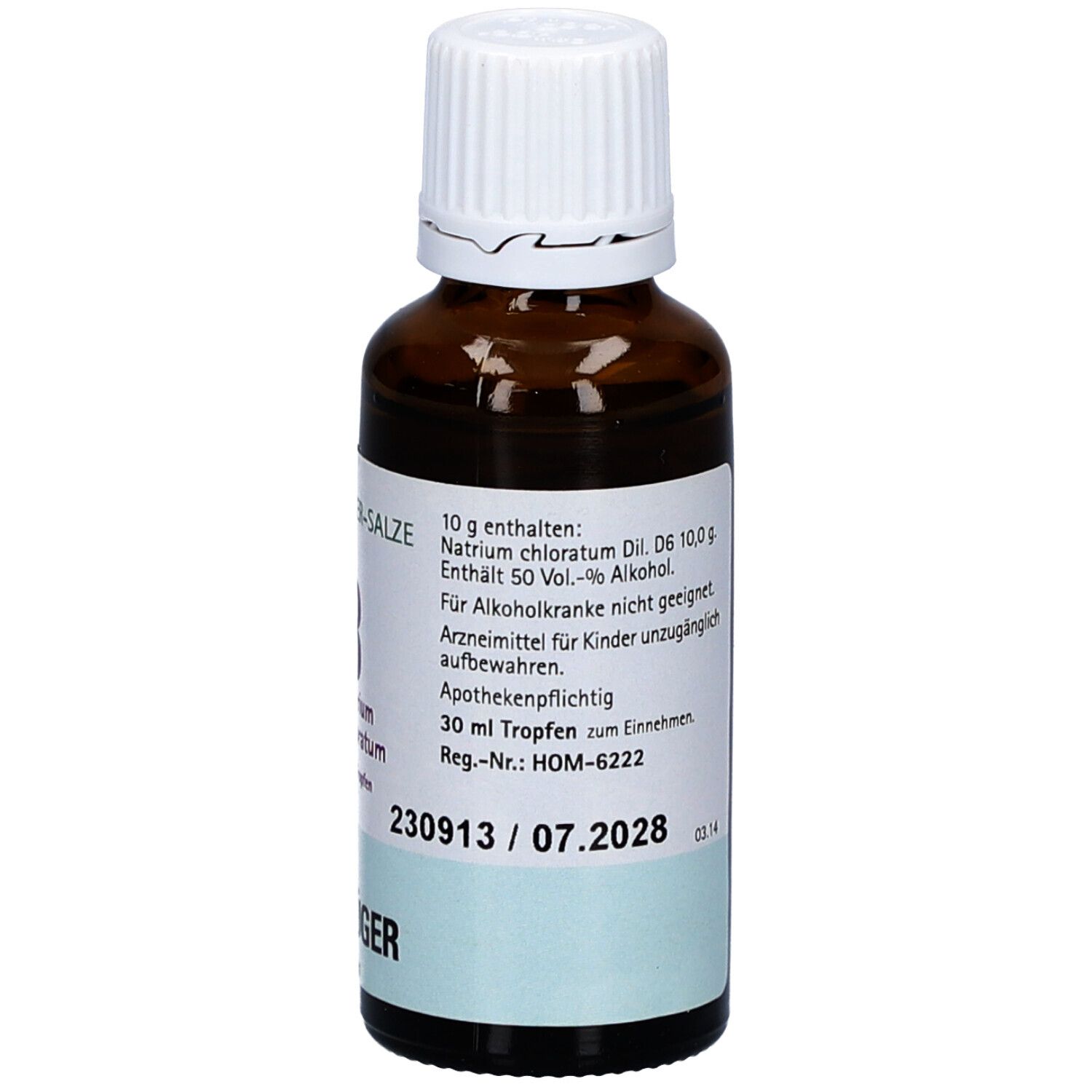 Braune Glasflasche mit weißem Deckel. Etikett mit Produktinformationen, Apothekenpflichtig, 30 ml Tropfen.