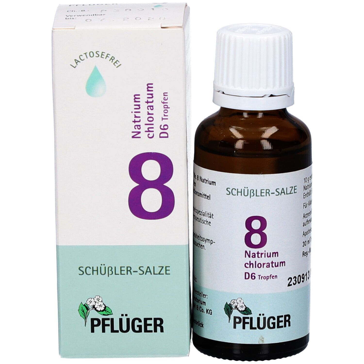 Braune Glasflasche und Schachtel. Schachtel mit Produktinformationen: 8 Natrium chloratum D6 Tropfen, Pflüger, lactosefrei.