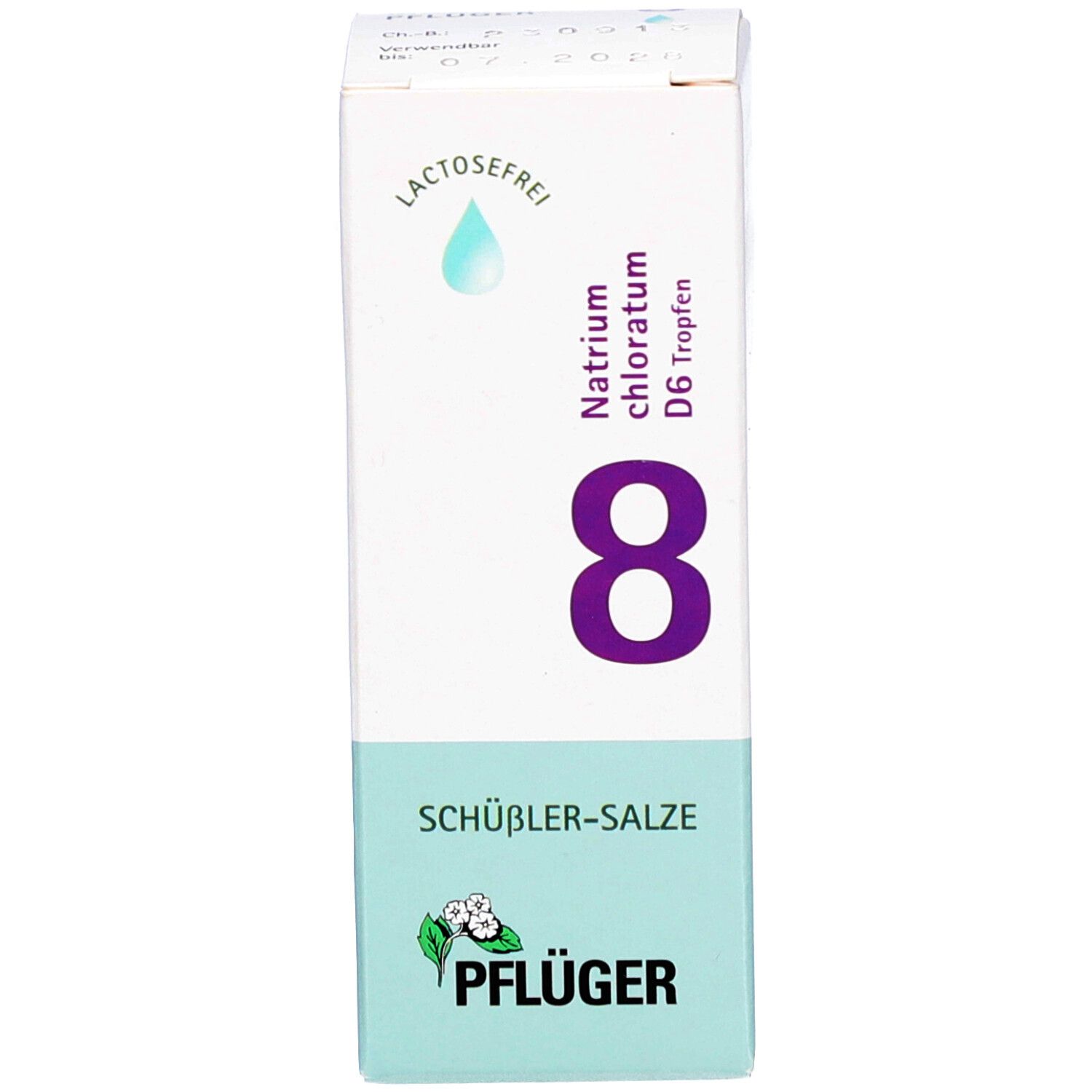 Weiße Schachtel mit Produktinformationen: 8 Natrium chloratum D6 Tropfen, Pflüger, lactosefrei.