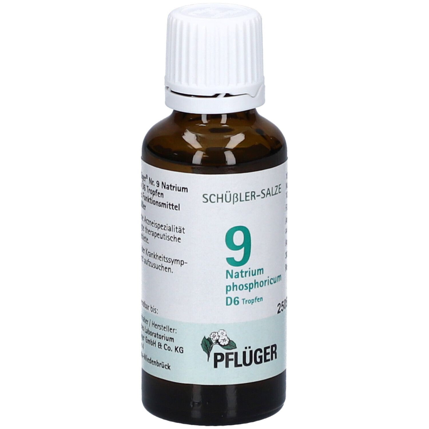 Tropfenflasche mit Etikett. Pflüger-Logo und Produktbezeichnung. Nummer 9, Natrium phosphoricum D6.