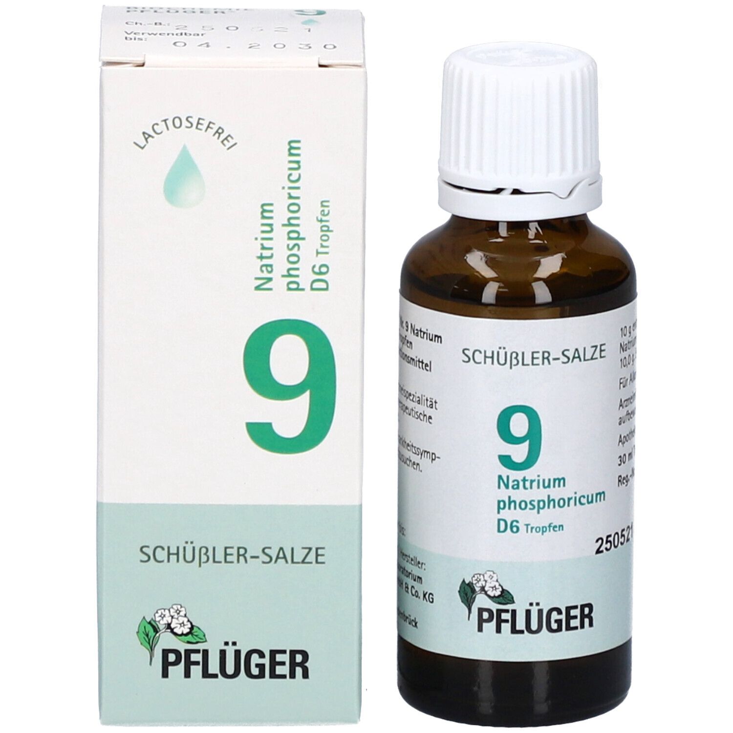 Produktverpackung und Flasche. Karton mit '9' und 'SCHÜSSLER-SALZE'. Braune Flasche mit weißem Deckel.