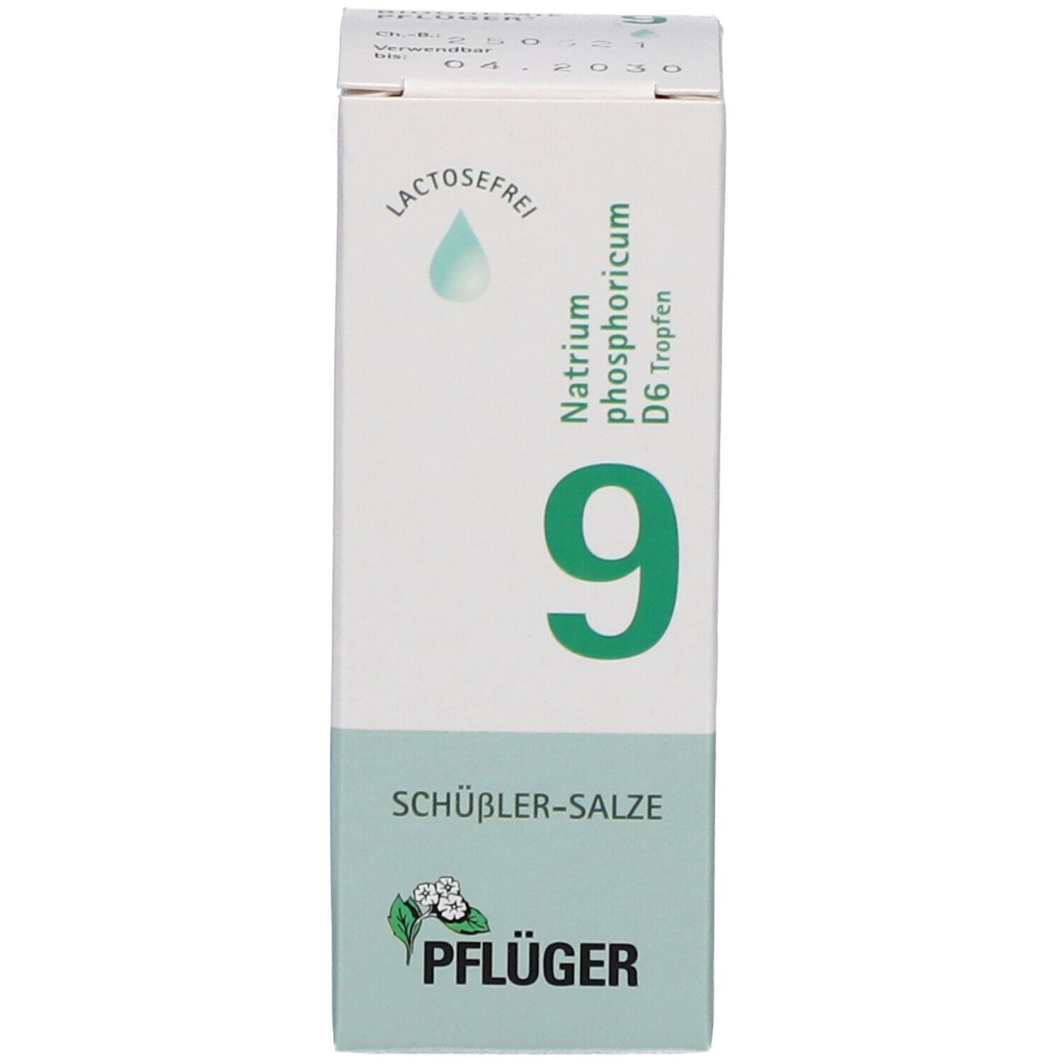 Produktverpackung. Weißer Karton mit '9' und 'SCHÜSSLER-SALZE'. Logo 'Pflüger' und 'lactosafrei'.