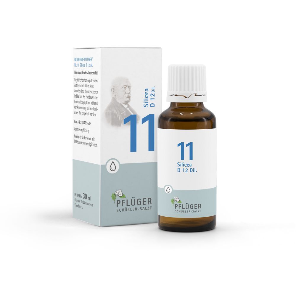 Karton und Flasche mit Pflüger® Schüßler-Salz Nr. 11 Silicea D12 Tropfen. Flasche mit Etikett, Karton mit Produktinformationen.