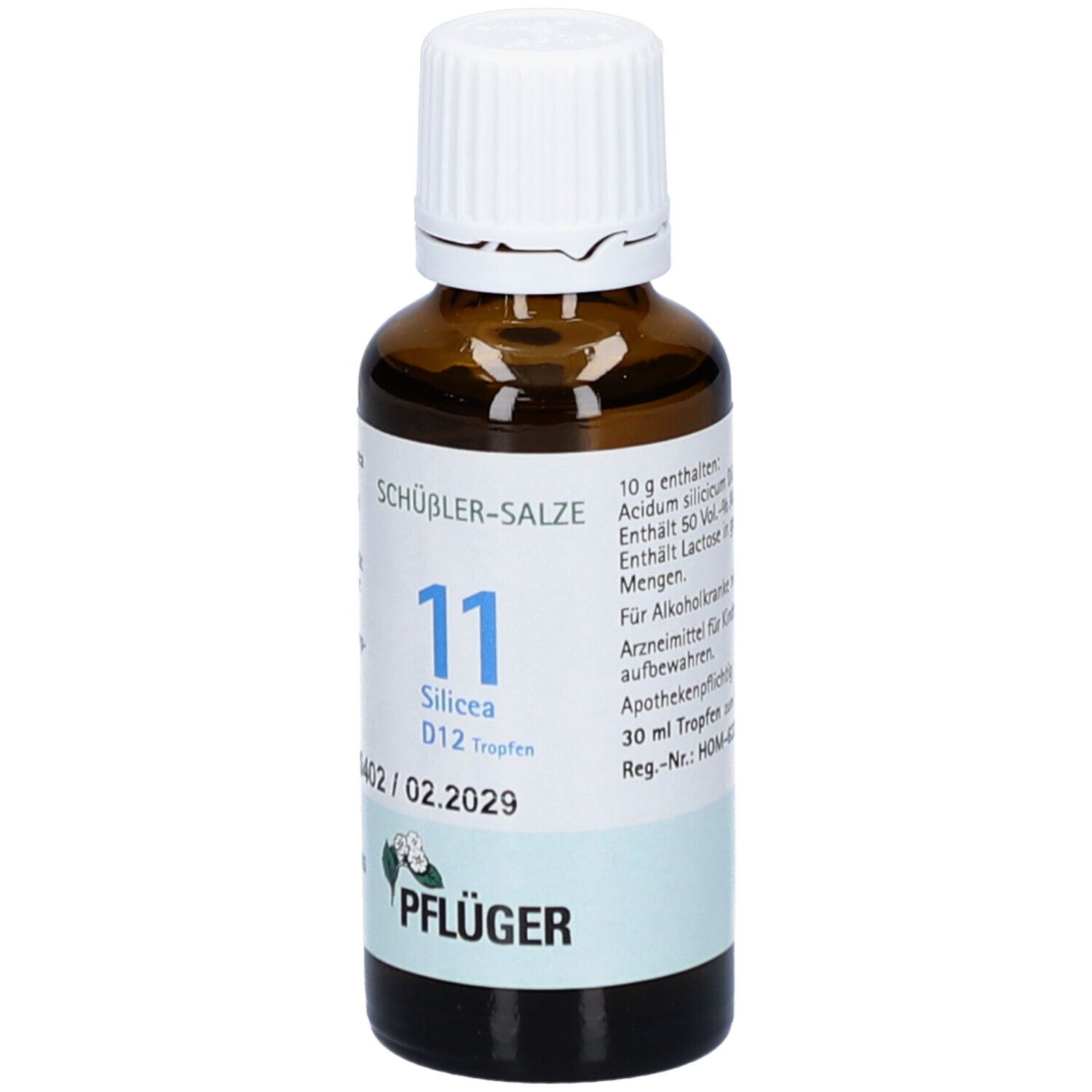 Braune Glasflasche mit weißem Deckel. Etikett mit Produktinformationen, darunter "SCHÜBLER-SALZE 11 Silicea D12 Tropfen" und "Pflüger".