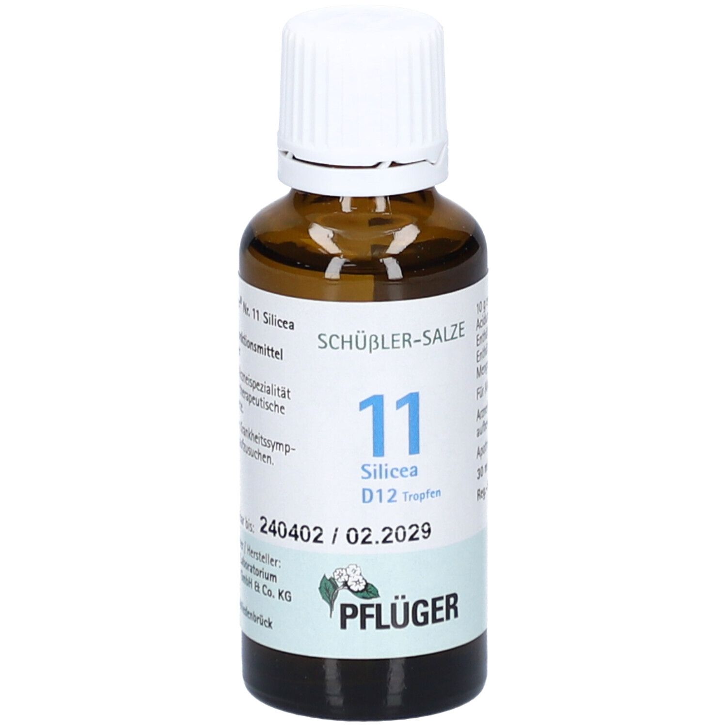 Braune Glasflasche mit weißem Deckel. Etikett mit Produktinformationen, darunter "SCHÜBLER-SALZE 11 Silicea D12 Tropfen" und "Pflüger".