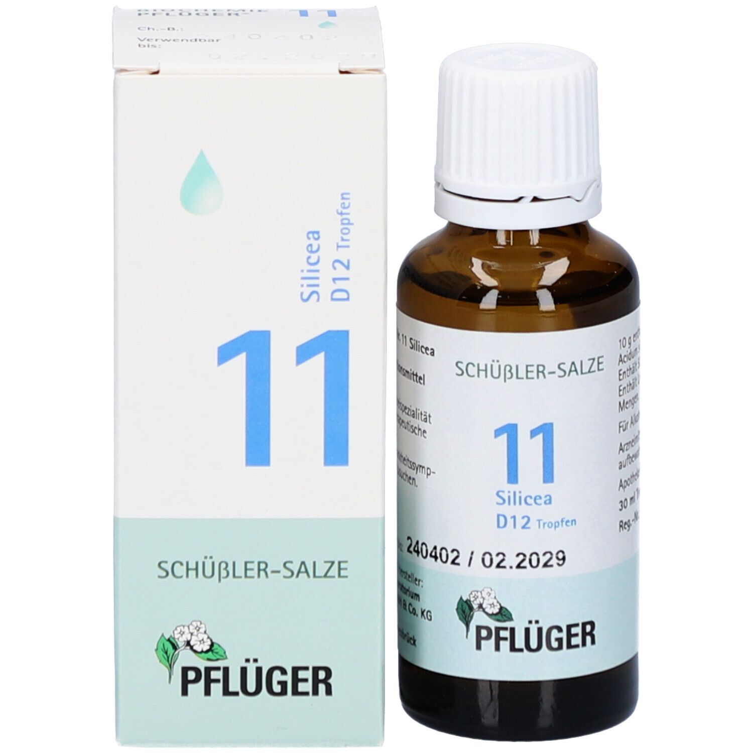 Produktflasche und Verpackung. Flasche: braunes Glas, weißer Deckel. Verpackung: weiß, blau, grün. Aufschrift: "SCHÜBLER-SALZE 11 Silicea".