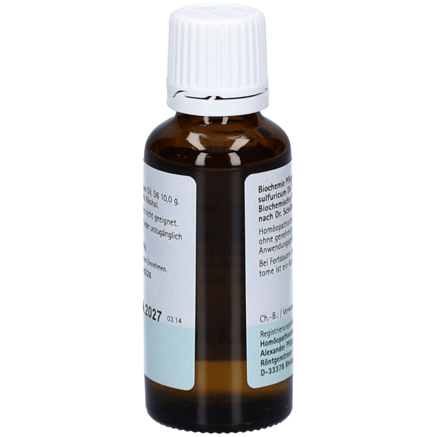 Rückseite einer braunen Glasflasche. Beschriftung: Calcium sulfuricum D6 10,0 g. Apothekenpflichtig. Chargennummer und Verfallsdatum.