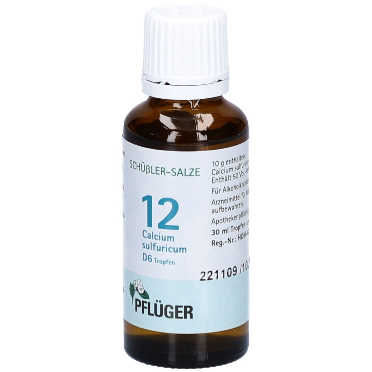 Braune Glasflasche mit weißem Deckel. Beschriftung: Schüßler-Salze 12 Calcium sulfuricum D6 Tropfen. Marke: Pflüger. Apothekenpflichtig.