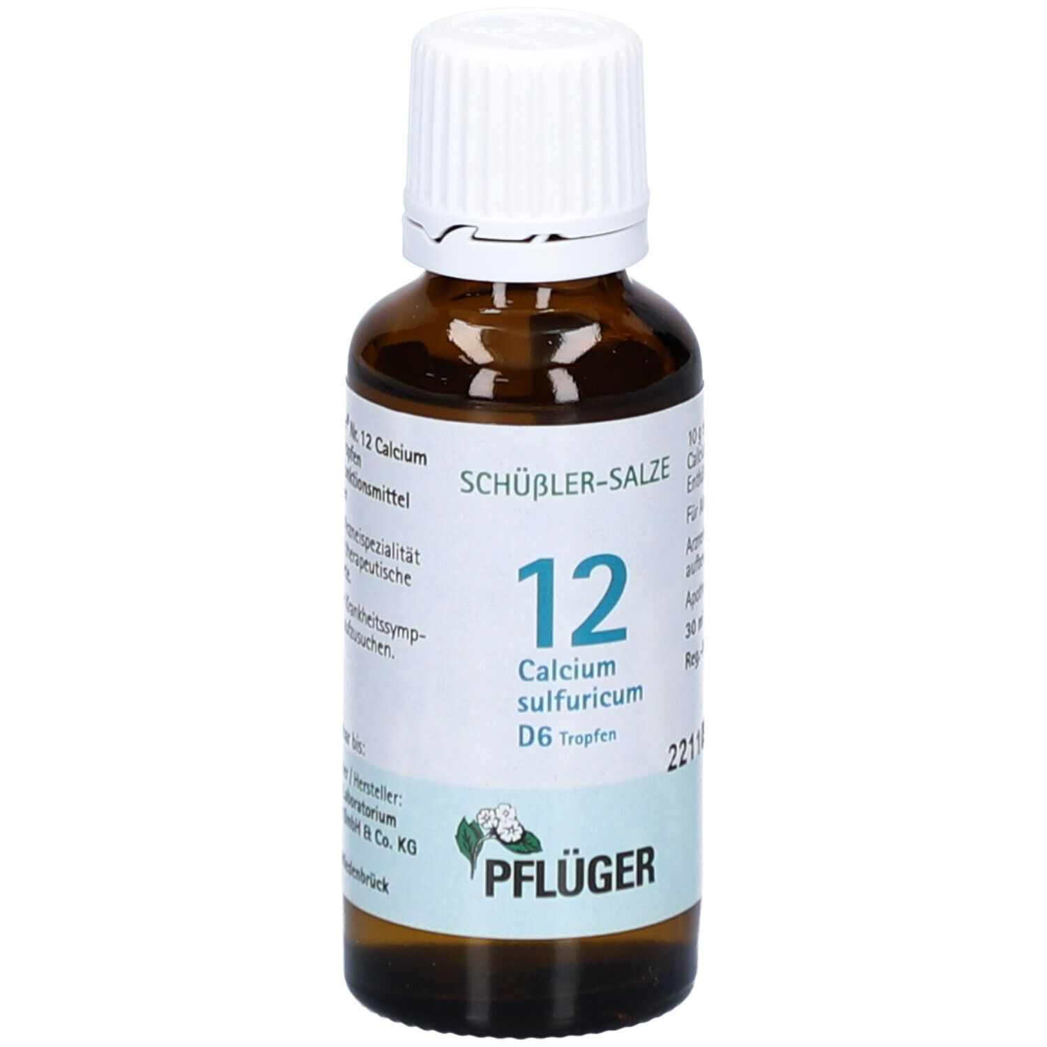 Braune Glasflasche mit weißem Deckel. Beschriftung: Schüßler-Salze 12 Calcium sulfuricum D6 Tropfen. Marke: Pflüger. Apothekenpflichtig.