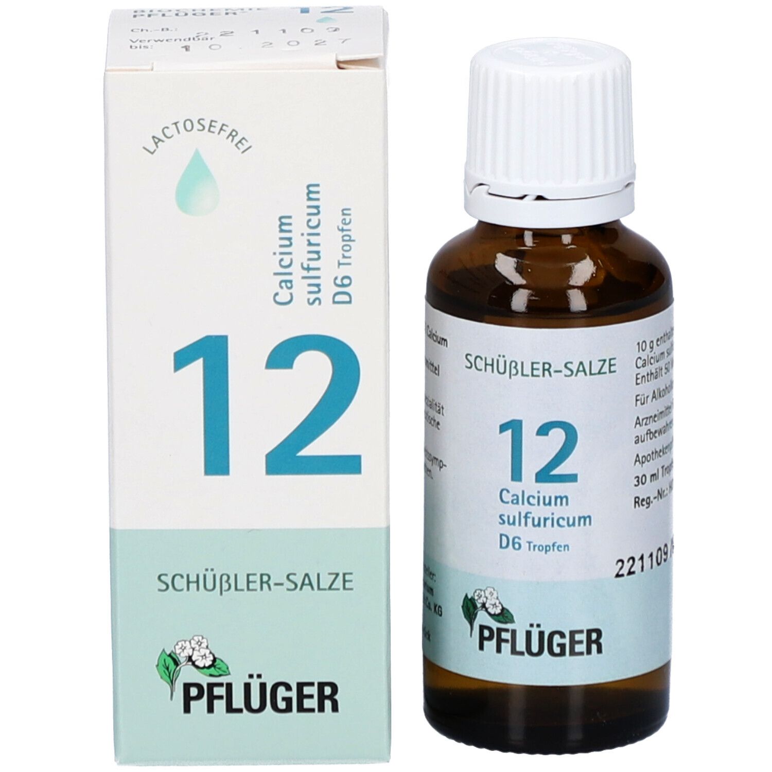 Braune Glasflasche und Karton. Beschriftung: Schüßler-Salze 12 Calcium sulfuricum D6 Tropfen. Marke: Pflüger. Lactosefrei.