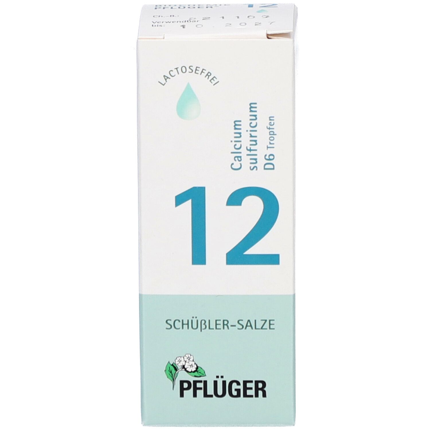 Karton mit Beschriftung: Schüßler-Salze 12 Calcium sulfuricum D6 Tropfen. Marke: Pflüger. Lactosefrei. Blaue Tropfen-Symbol.