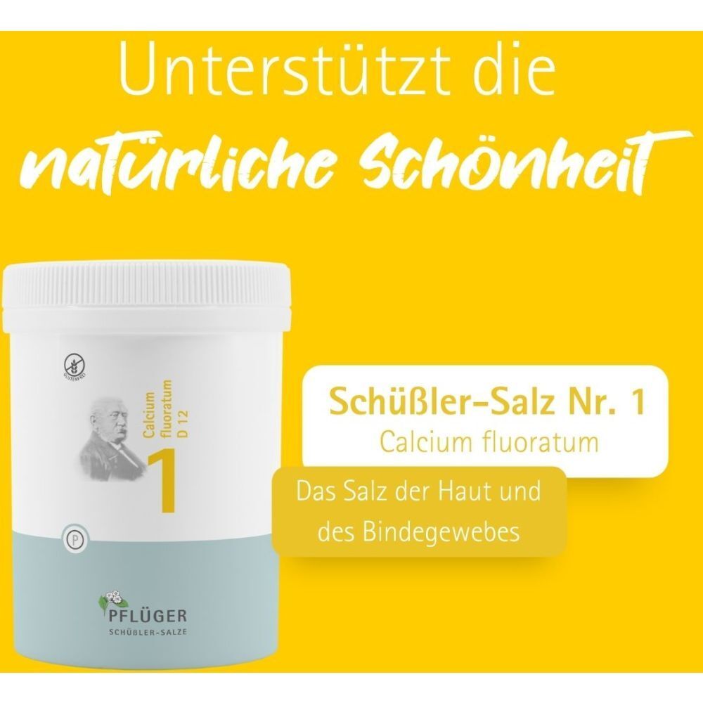 Gelber Hintergrund. Produkt-Behälter. Text: Schüßler-Salz Nr. 1 Calcium fluoratum. Das Salz der Haut und des Bindegewebes.
