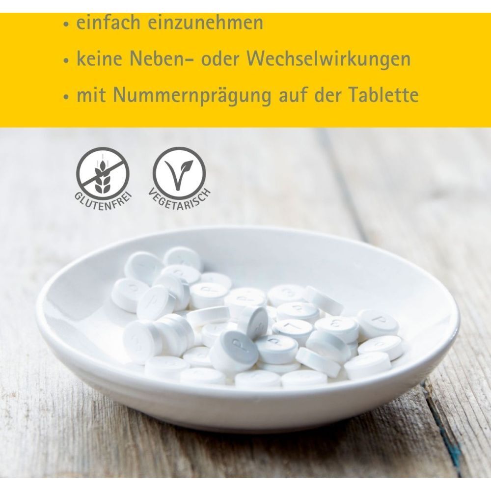 Weiße Tabletten in Schale. Text: glutenfrei, vegetarisch. Text: einfach einzunehmen, keine Nebenwirkungen, mit Nummer.
