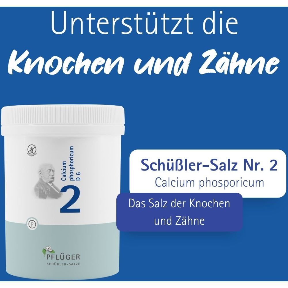 Text auf blauem Hintergrund: Unterstützt Knochen und Zähne. Schüßler-Salz Nr. 2 Calcium phosphoricum.