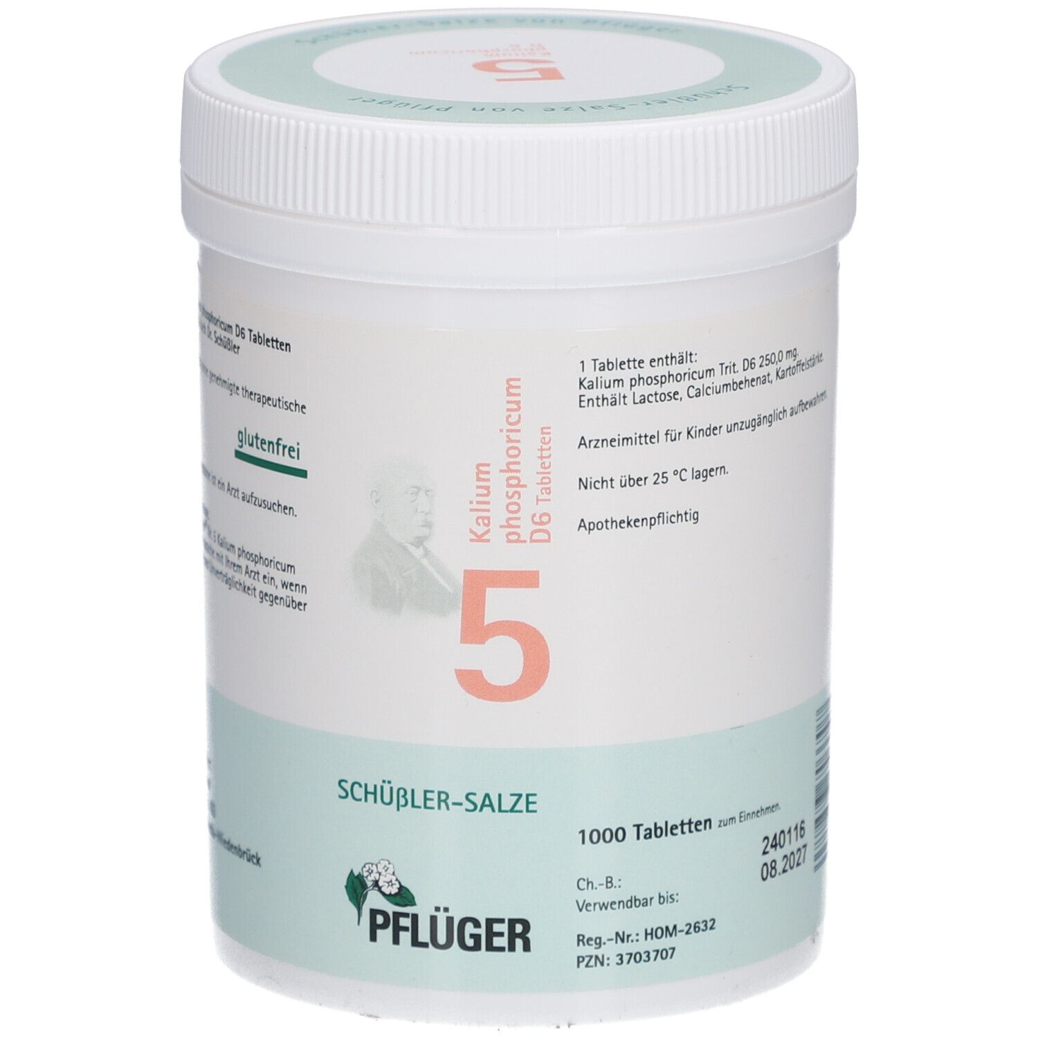 Weiße Dose mit Aufschrift 'Schüßler-Salze 5 Kalium phosphoricum D6 Tabletten'. 1000 Tabletten. Pflüger Logo. 'Glutenfrei'.