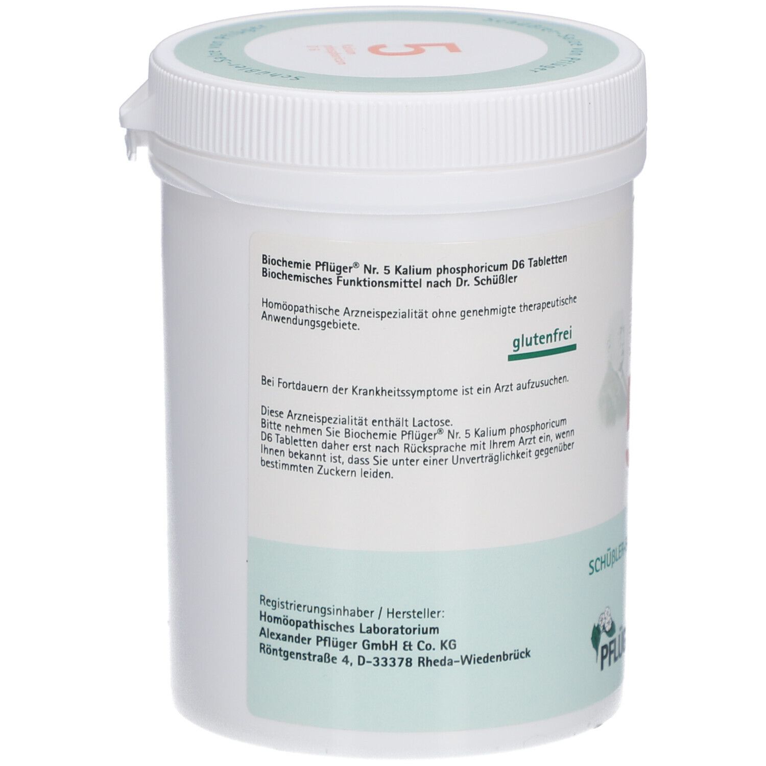 Rückseite der weißen Dose mit Text. 'Biochemie Pflüger Nr. 5 Kalium phosphoricum D6 Tabletten'. Glutenfrei. Hersteller: Pflüger.