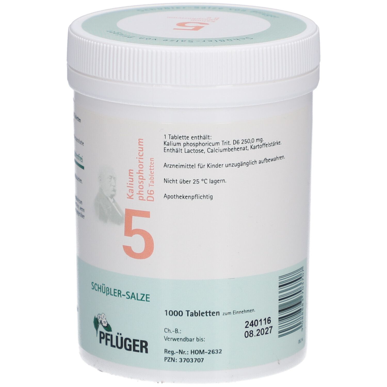 Weiße Dose mit Aufschrift 'Schüßler-Salze 5 Kalium phosphoricum D6 Tabletten'. 1000 Tabletten. Pflüger Logo. Verfallsdatum: 08.2027.