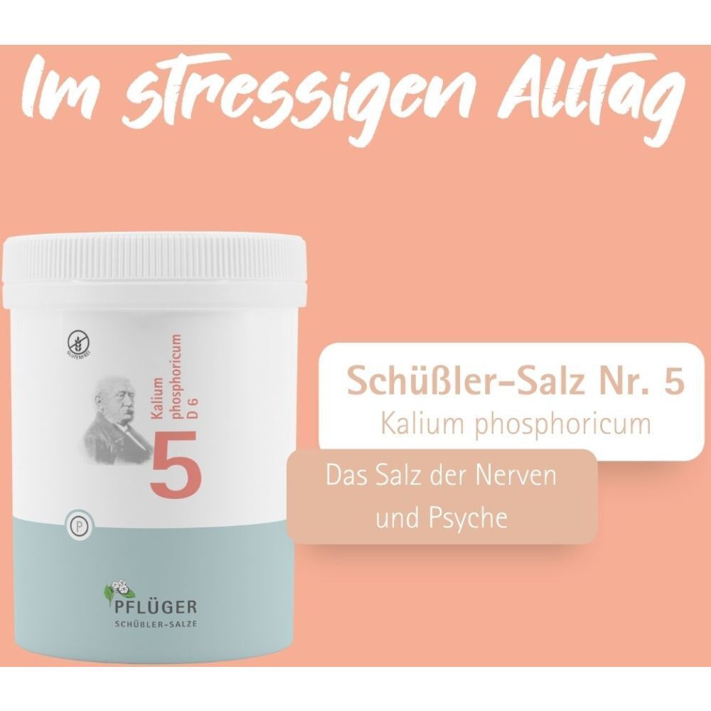 Produkt Schüßler-Salz Nr. 5 Kalium phosphoricum. Text: Das Salz der Nerven und Psyche. Hintergrund orange.