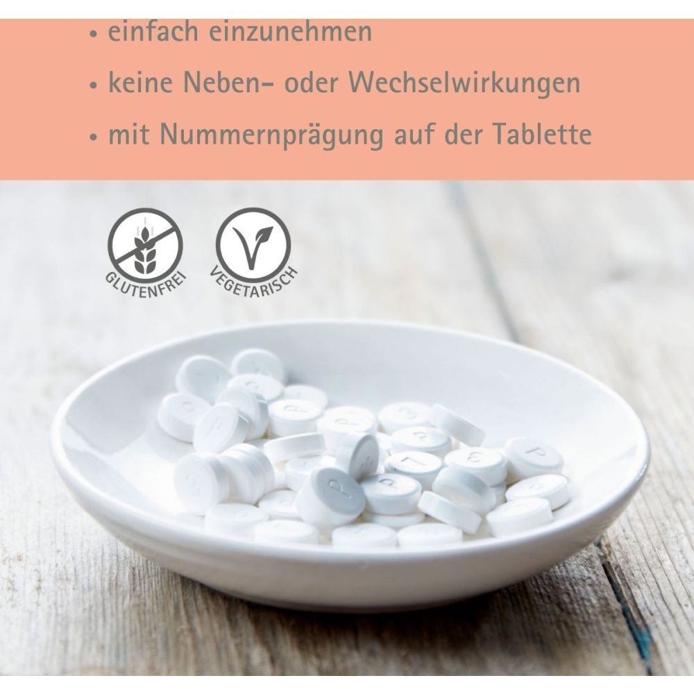 Tabletten in Schale. Text: einfach einzunehmen, keine Nebenwirkungen, mit Nummer.
