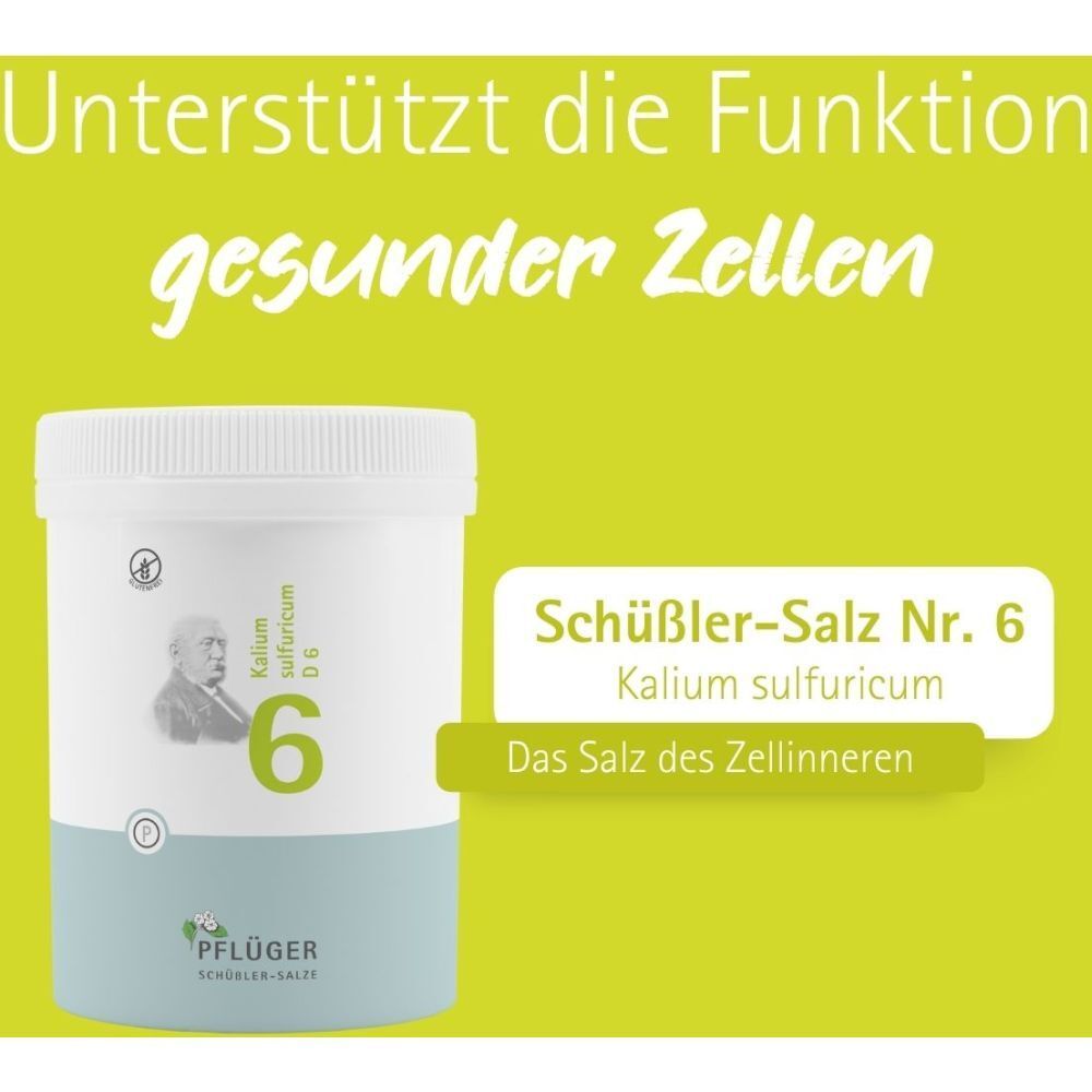 Weiße Dose mit Text. Text: Schüßler-Salz Nr. 6, Kalium sulfuricum. Hintergrund: gelb.