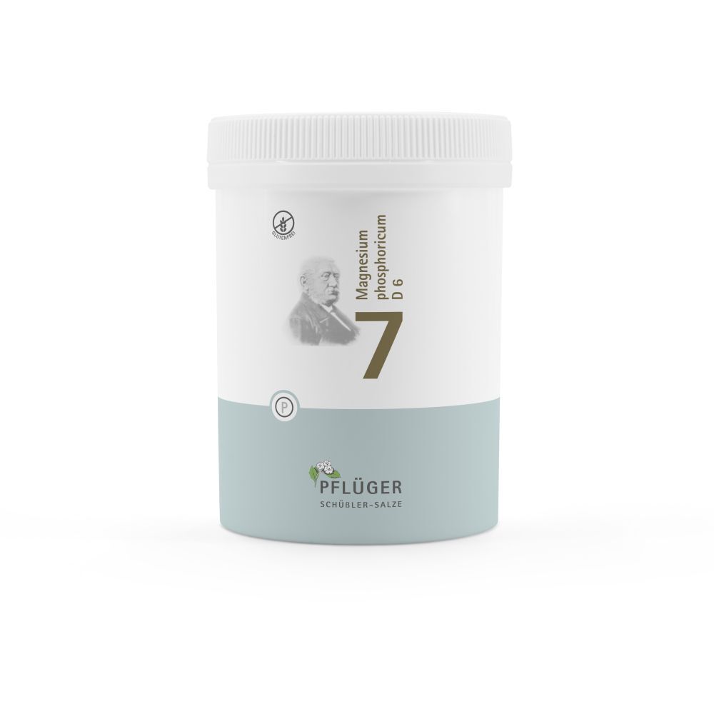 Weißer Behälter mit Deckel. Aufschrift: Magnesium phosphoricum D6, Nr. 7. Logo Pflüger.