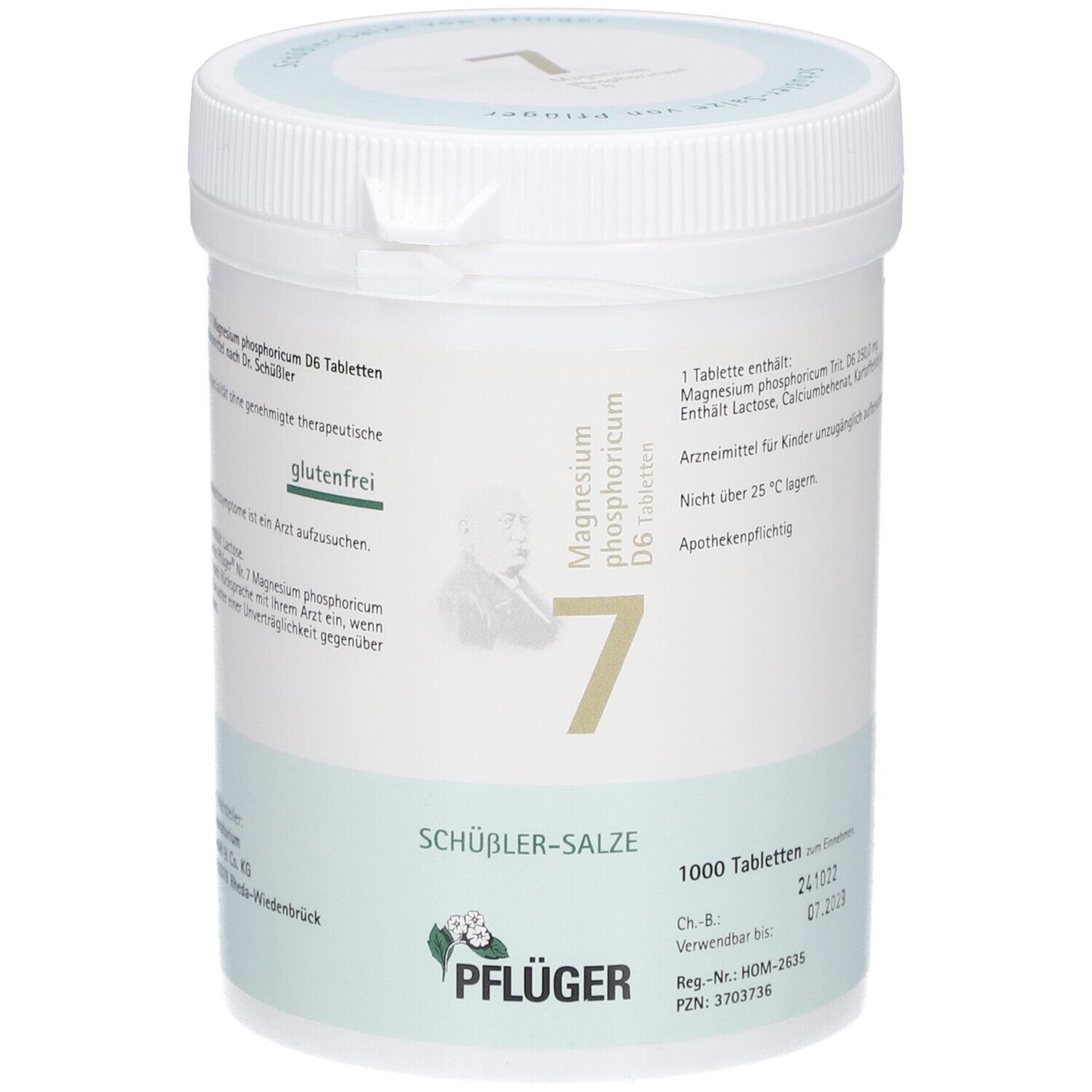 Weißer Behälter mit Deckel. Aufschrift: Magnesium phosphoricum D6 Tabletten, 7, Schüßler-Salze, 1000 Tabletten. Pflüger Logo.