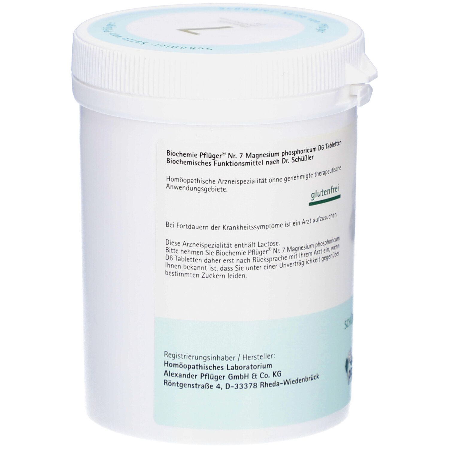 Weißer Behälter mit Deckel. Aufschrift: Biochemie Pflüger Nr. 7 Magnesium phosphoricum D6 Tabletten. Glutenfrei. Hersteller: Homöopathisches Laboratorium.