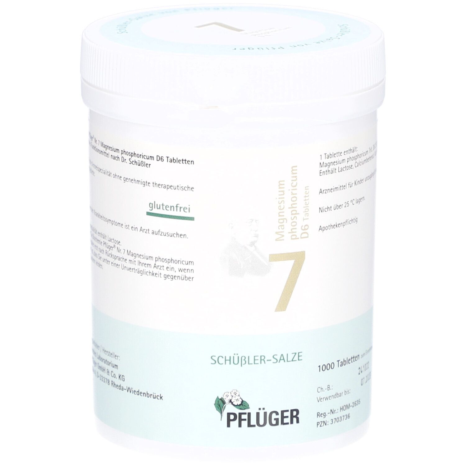 Weiße Tabletten-Dose mit grünem Aufdruck. Aufschrift: Magnesium phosphoricum D6 Tabletten, glutenfrei, 1000 Tabletten.