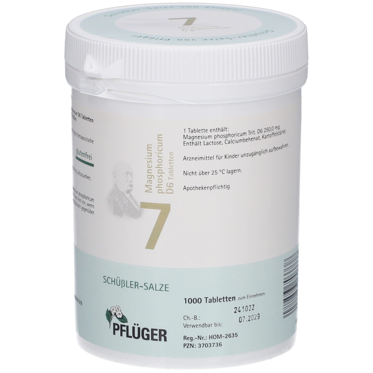 Weißer Behälter mit Deckel. Aufschrift: Magnesium phosphoricum D6 Tabletten, 7, Schüßler-Salze, 1000 Tabletten. Pflüger Logo.
