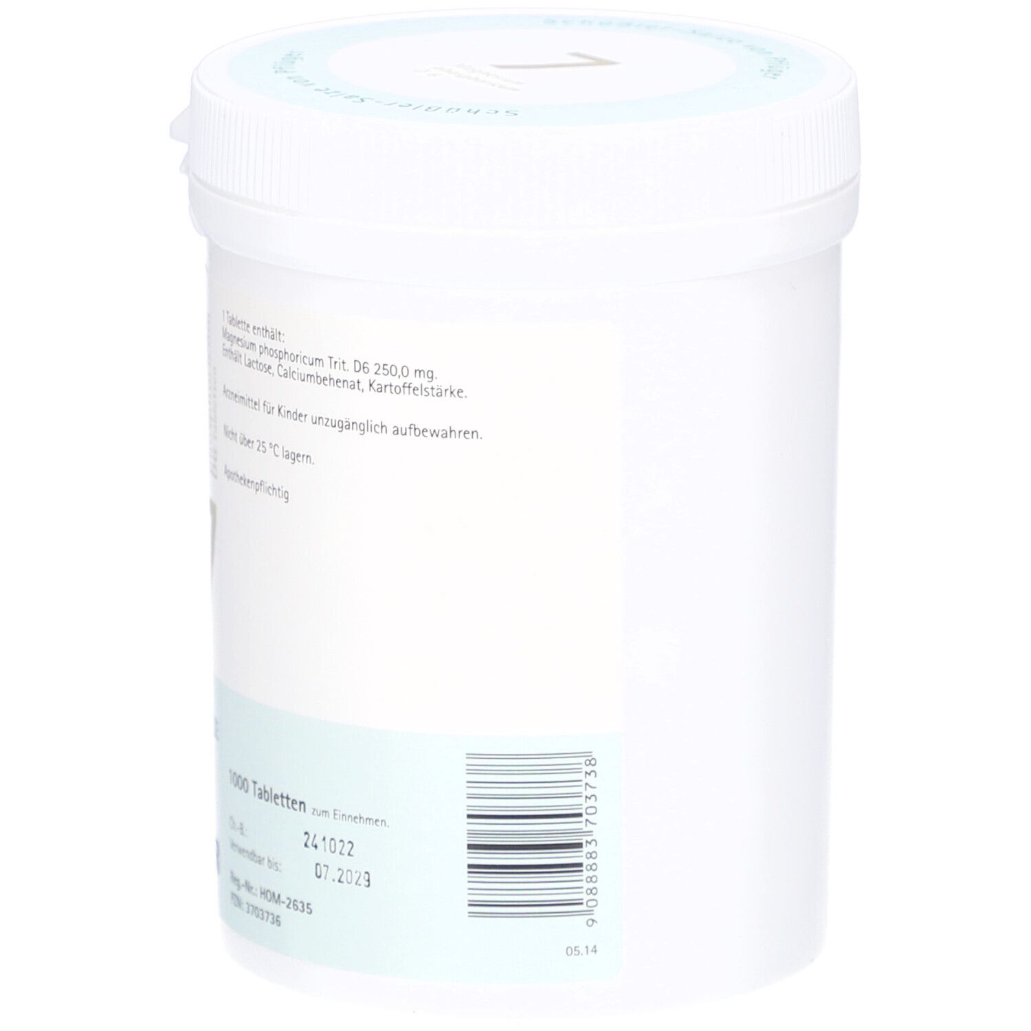 Weißer Behälter mit Deckel. Aufschrift: Magnesium phosphoricum D6 Tabletten. Barcode und weitere Informationen.