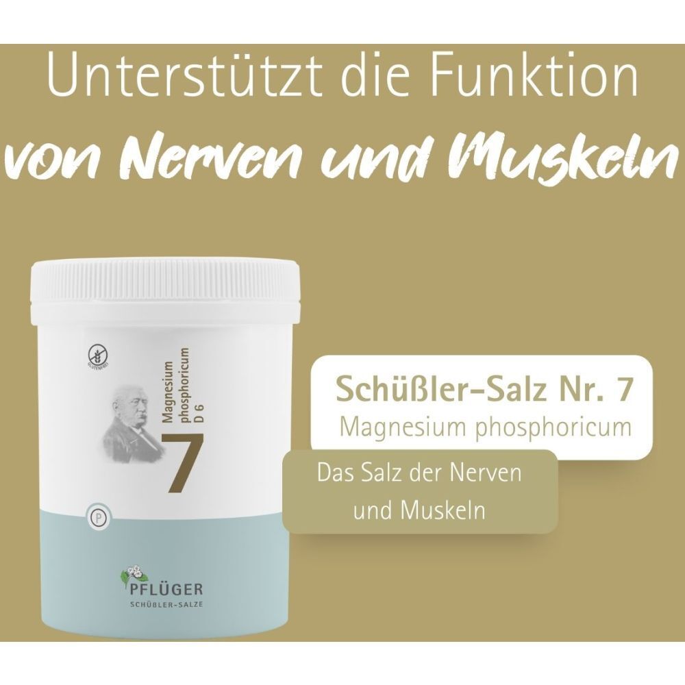 Produktverpackung mit Text. Text: Schüßler-Salz Nr. 7 Magnesium phosphoricum. Unterstützt Nerven und Muskeln.