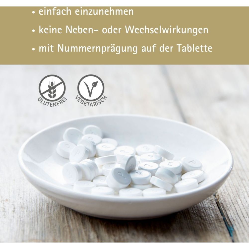 Tabletten in Schale. Text: einfach einzunehmen, keine Nebenwirkungen, mit Nummerprägung. Glutenfrei, vegetarisch.
